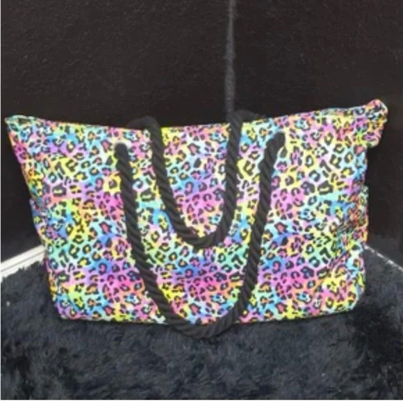 Rebel Raven Multi Color Leopard Print Rope Handle Beach Bag - Picture 1 of 1